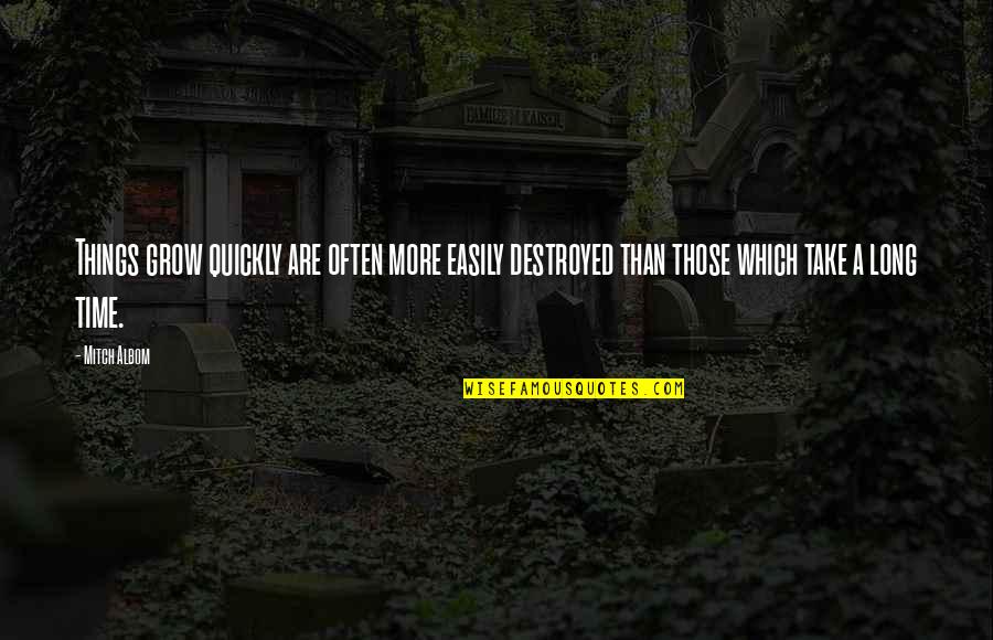 Destroyed Quotes By Mitch Albom: Things grow quickly are often more easily destroyed