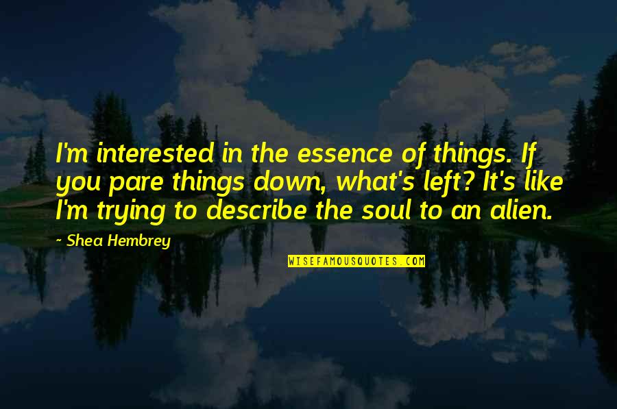 Devoirs In English Quotes By Shea Hembrey: I'm interested in the essence of things. If