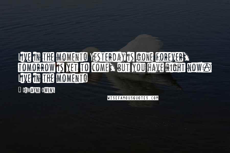 DeWayne Owens quotes: Live in the moment! Yesterday is gone forever, tomorrow is yet to come, but you have right now. Live in the moment!