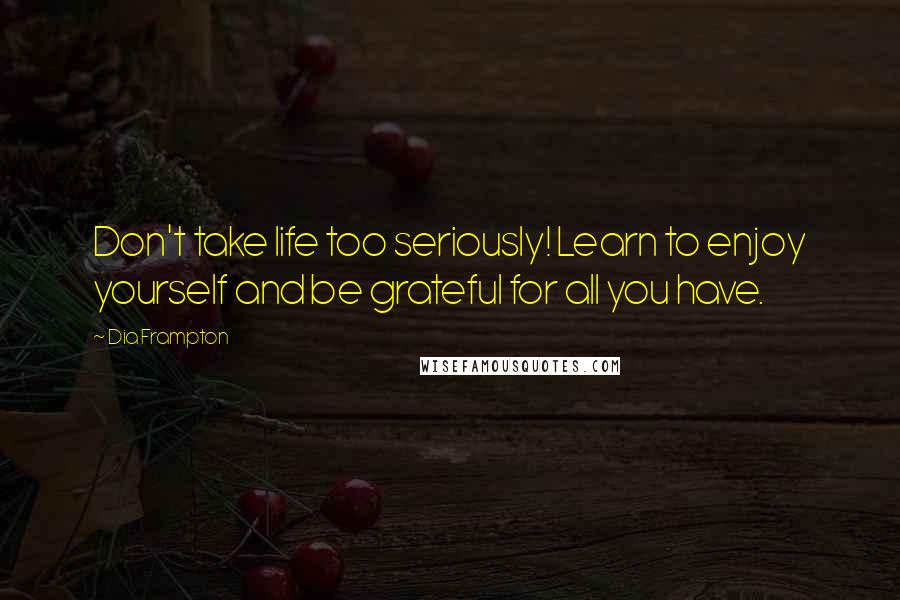 Dia Frampton quotes: Don't take life too seriously! Learn to enjoy yourself and be grateful for all you have.