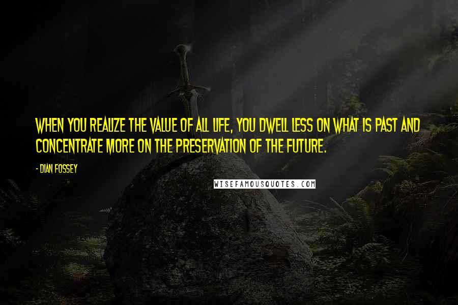 Dian Fossey quotes: When you realize the value of all life, you dwell less on what is past and concentrate more on the preservation of the future.