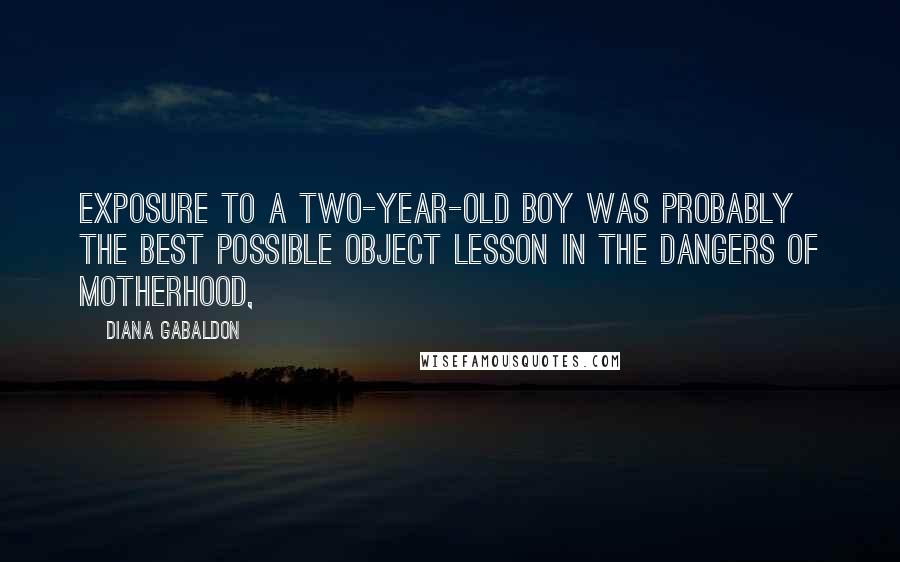 Diana Gabaldon quotes: Exposure to a two-year-old boy was probably the best possible object lesson in the dangers of motherhood, Diana Gabaldon quotes: Exposure to a two-year-old boy was probably the best possible object lesson in the dangers of motherhood,