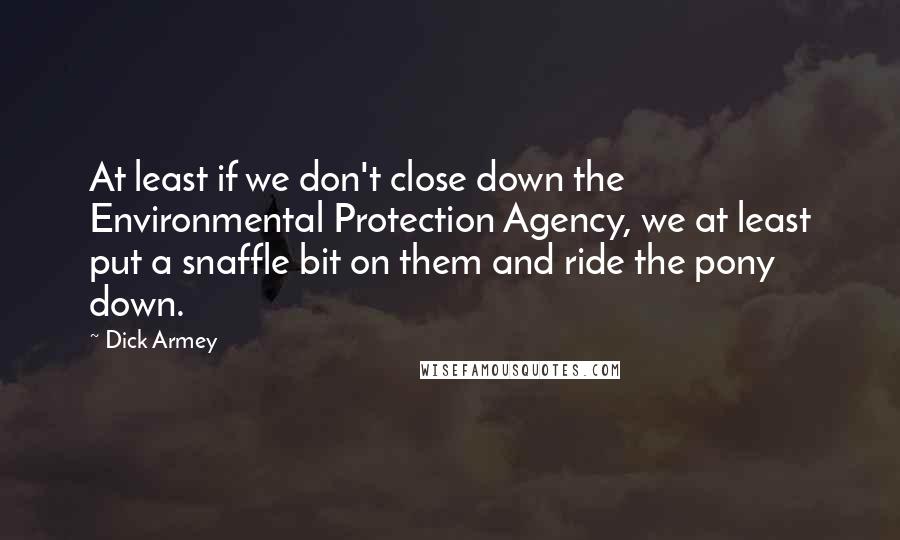 Dick Armey quotes: At least if we don't close down the Environmental Protection Agency, we at least put a snaffle bit on them and ride the pony down.