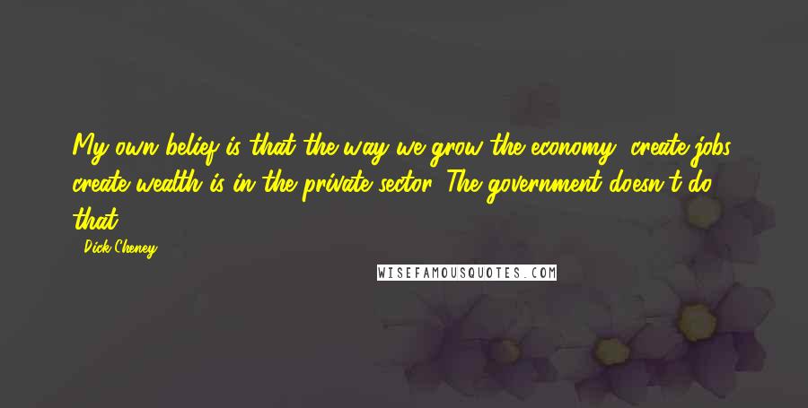 Dick Cheney quotes: My own belief is that the way we grow the economy, create jobs, create wealth is in the private sector. The government doesn't do that.