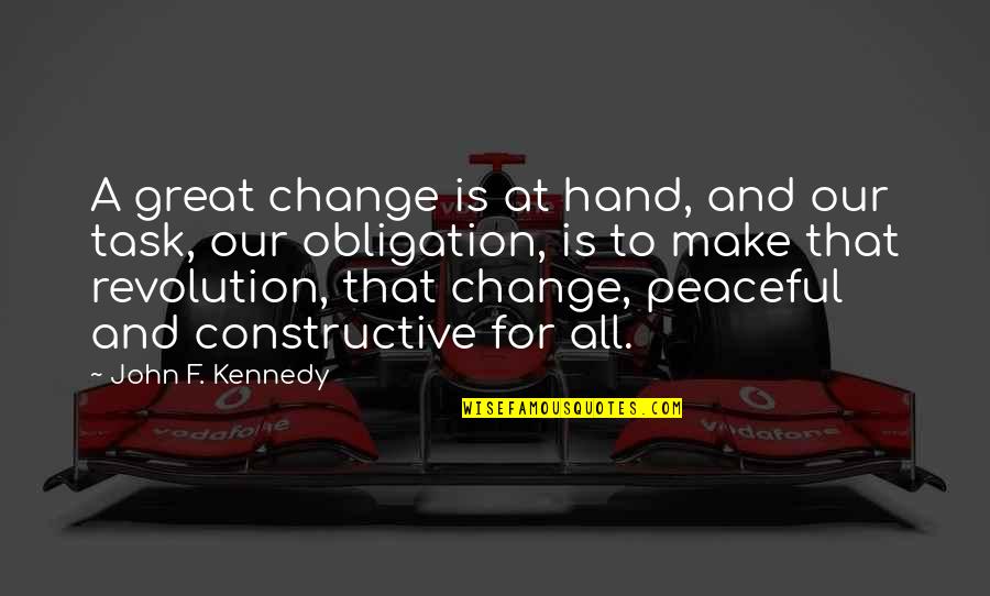 Diffused Downstem Quotes By John F. Kennedy: A great change is at hand, and our Diffused Downstem Quotes By John F. Kennedy: A great change is at hand, and our