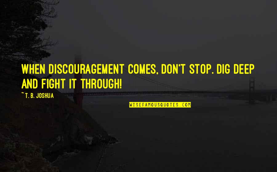 Dig It Quotes By T. B. Joshua: When discouragement comes, don't stop. Dig deep and