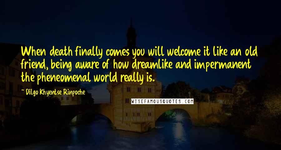 Dilgo Khyentse Rinpoche quotes: When death finally comes you will welcome it like an old friend, being aware of how dreamlike and impermanent the pheneomenal world really is.