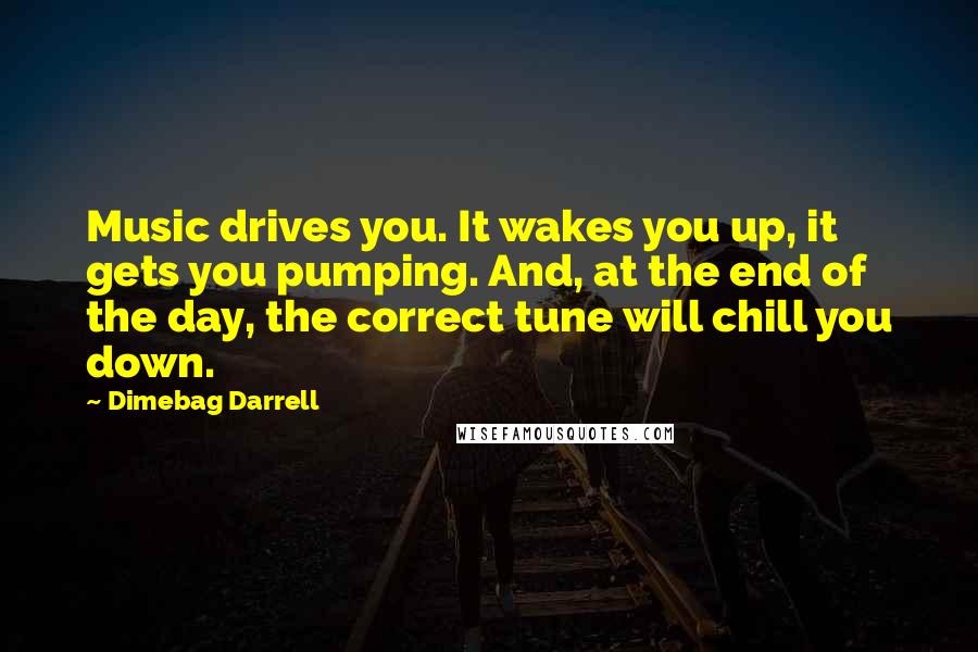 Dimebag Darrell quotes: Music drives you. It wakes you up, it gets you pumping. And, at the end of the day, the correct tune will chill you down.