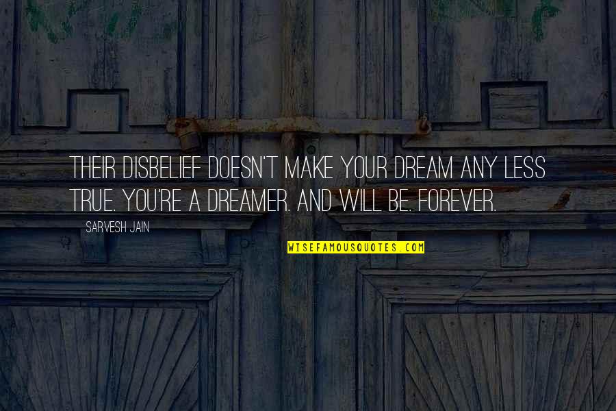 Disbelief Quotes By Sarvesh Jain: Their disbelief doesn't make your dream any less Disbelief Quotes By Sarvesh Jain: Their disbelief doesn't make your dream any less