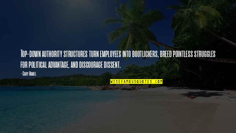 Discourage Quotes By Gary Hamel: Top-down authority structures turn employees into bootlickers, breed Discourage Quotes By Gary Hamel: Top-down authority structures turn employees into bootlickers, breed