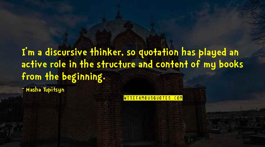 Discursive Quotes By Masha Tupitsyn: I'm a discursive thinker, so quotation has played