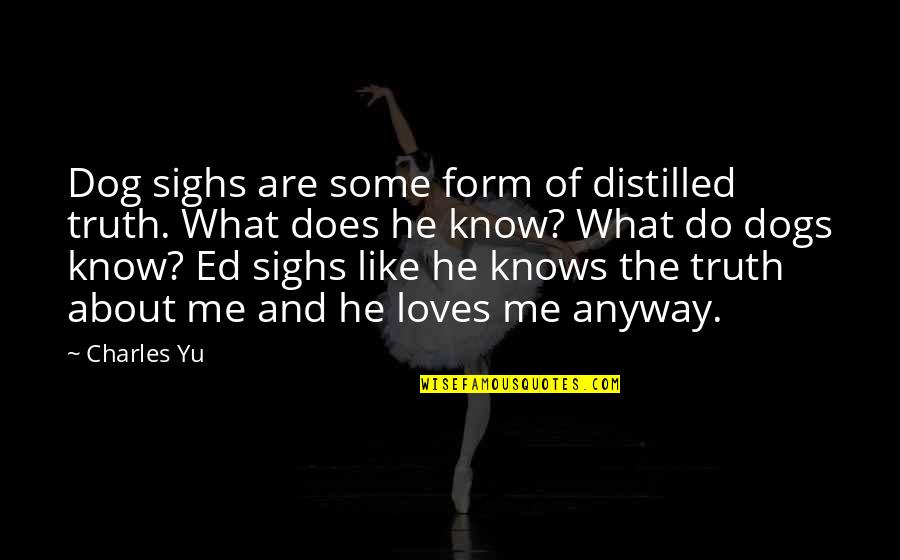 Distilled Quotes By Charles Yu: Dog sighs are some form of distilled truth. Distilled Quotes By Charles Yu: Dog sighs are some form of distilled truth.