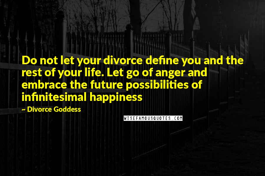 Divorce Goddess quotes: Do not let your divorce define you and the rest of your life. Let go of anger and embrace the future possibilities of infinitesimal happiness