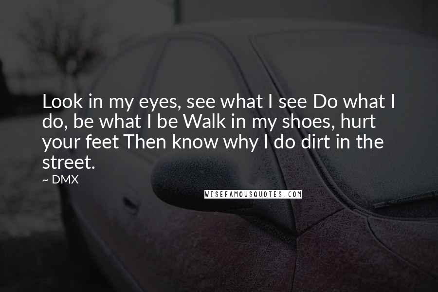 DMX quotes: Look in my eyes, see what I see Do what I do, be what I be Walk in my shoes, hurt your feet Then know why I do dirt in