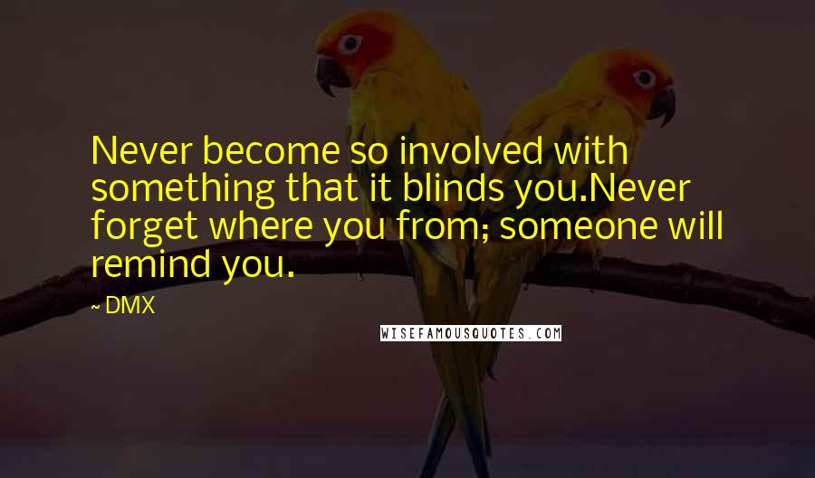 DMX quotes: Never become so involved with something that it blinds you.Never forget where you from; someone will remind you.