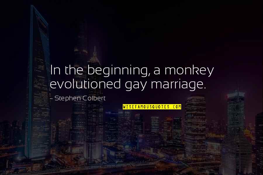 Dodie Clark Love Quotes By Stephen Colbert: In the beginning, a monkey evolutioned gay marriage. Dodie Clark Love Quotes By Stephen Colbert: In the beginning, a monkey evolutioned gay marriage.