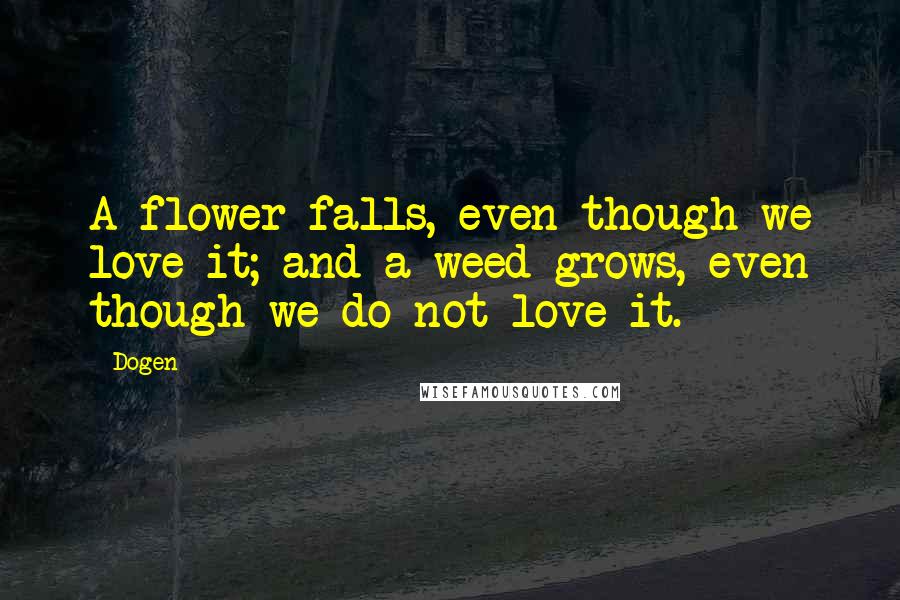 Dogen quotes: A flower falls, even though we love it; and a weed grows, even though we do not love it.