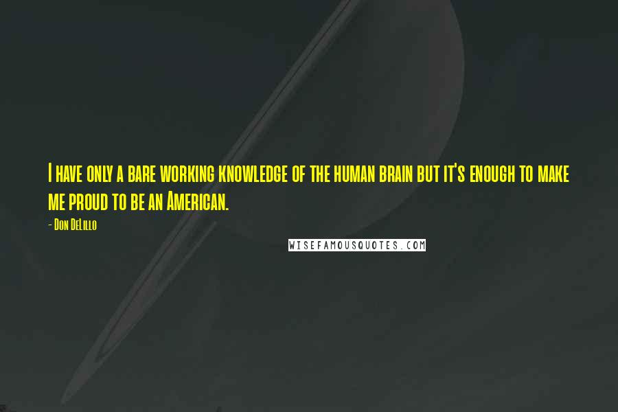 Don DeLillo quotes: I have only a bare working knowledge of the human brain but it's enough to make me proud to be an American.