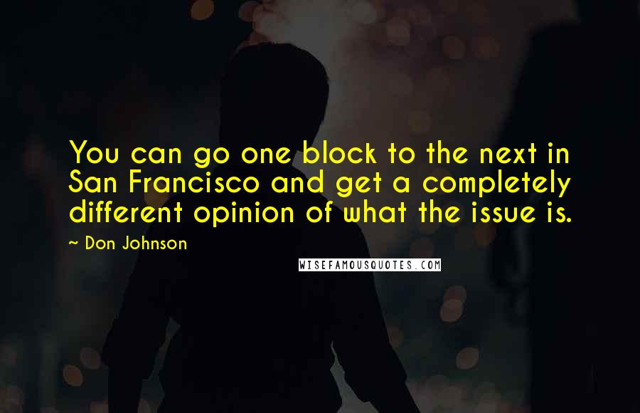 Don Johnson quotes: You can go one block to the next in San Francisco and get a completely different opinion of what the issue is.