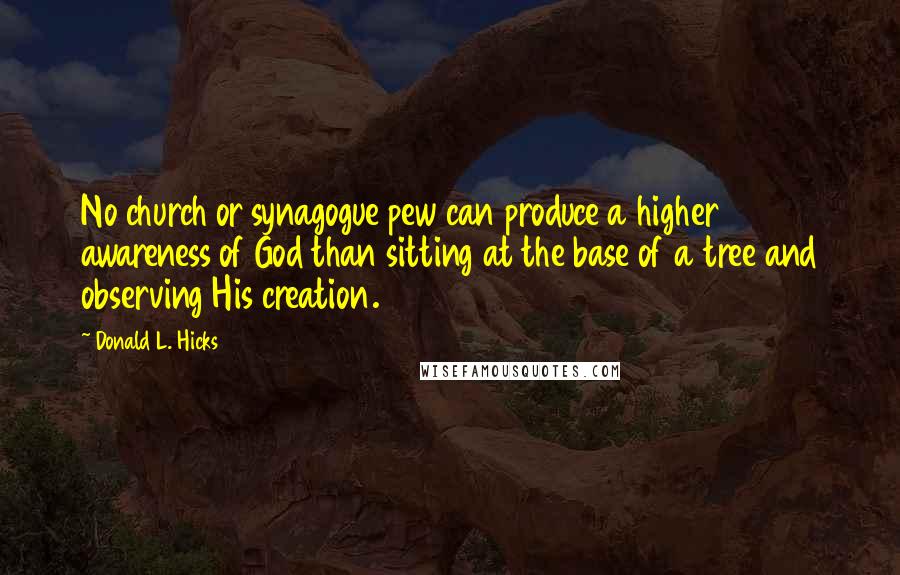 Donald L. Hicks quotes: No church or synagogue pew can produce a higher awareness of God than sitting at the base of a tree and observing His creation.