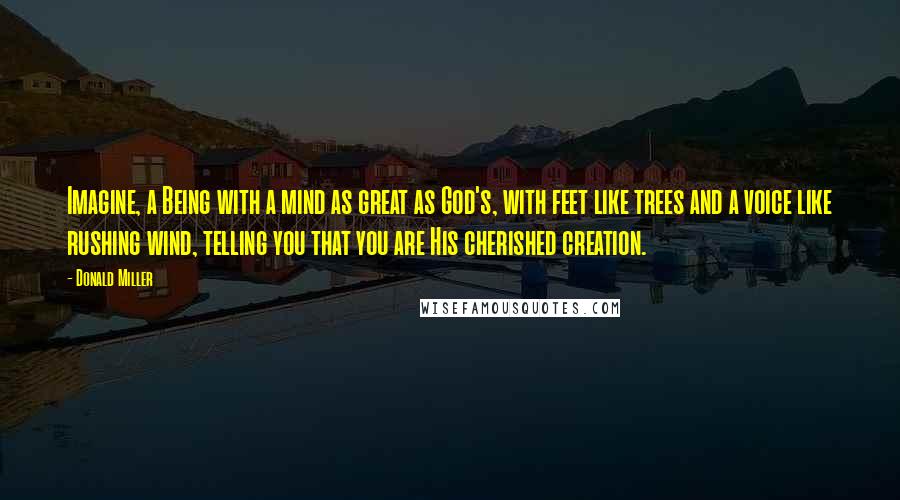 Donald Miller quotes: Imagine, a Being with a mind as great as God's, with feet like trees and a voice like rushing wind, telling you that you are His cherished creation.