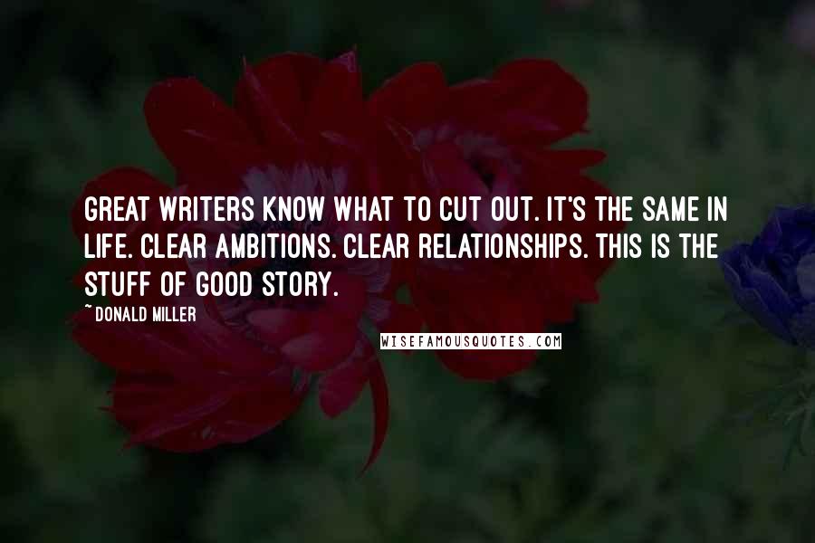 Donald Miller quotes: Great writers know what to cut out. It's the same in life. Clear ambitions. Clear relationships. This is the stuff of good story.