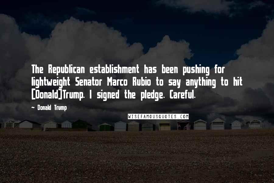 Donald Trump quotes: The Republican establishment has been pushing for lightweight Senator Marco Rubio to say anything to hit [Donald]Trump. I signed the pledge. Careful.