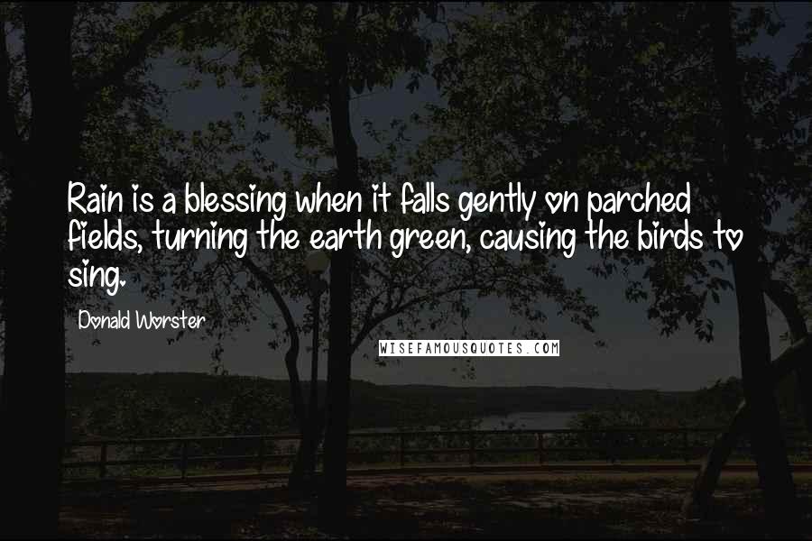 Donald Worster quotes: Rain is a blessing when it falls gently on parched fields, turning the earth green, causing the birds to sing.