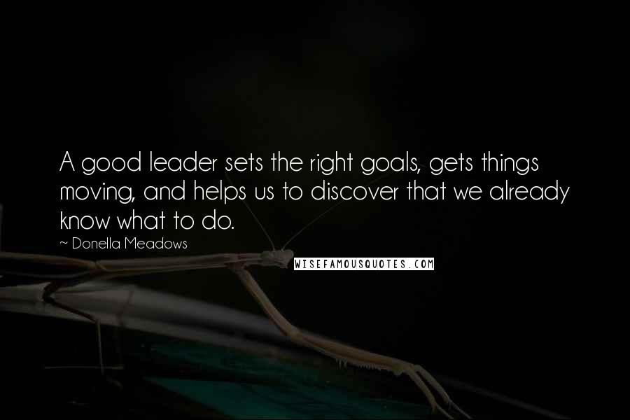 Donella Meadows quotes: A good leader sets the right goals, gets things moving, and helps us to discover that we already know what to do.