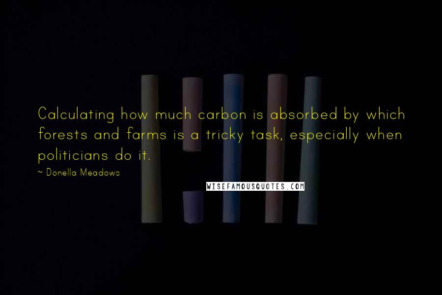 Donella Meadows quotes: Calculating how much carbon is absorbed by which forests and farms is a tricky task, especially when politicians do it.