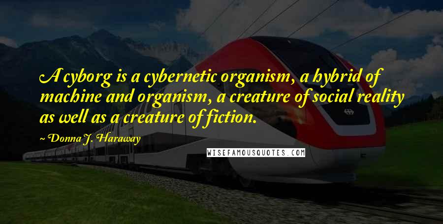 Donna J. Haraway quotes: A cyborg is a cybernetic organism, a hybrid of machine and organism, a creature of social reality as well as a creature of fiction.