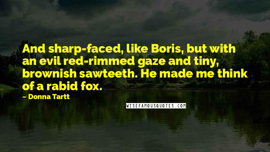Donna Tartt quotes: And sharp-faced, like Boris, but with an evil red-rimmed gaze and tiny, brownish sawteeth. He made me think of a rabid fox. Donna Tartt quotes: And sharp-faced, like Boris, but with an evil red-rimmed gaze and tiny, brownish sawteeth. He made me think of a rabid fox.