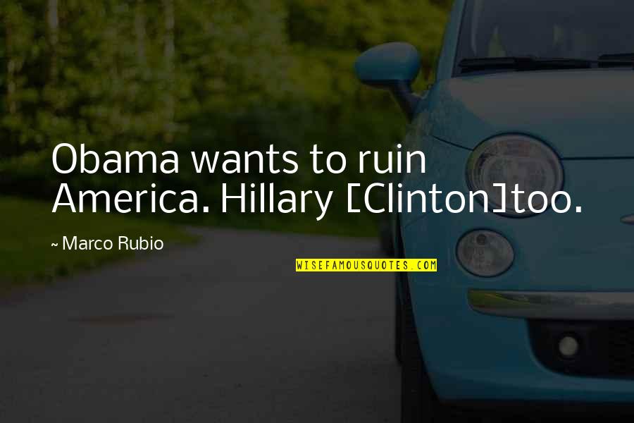 Don't Hurt Animals Quotes By Marco Rubio: Obama wants to ruin America. Hillary [Clinton]too.
