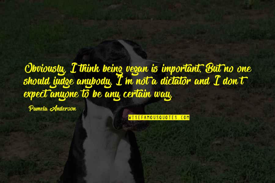 Don't Judge Anybody Quotes By Pamela Anderson: Obviously, I think being vegan is important. But