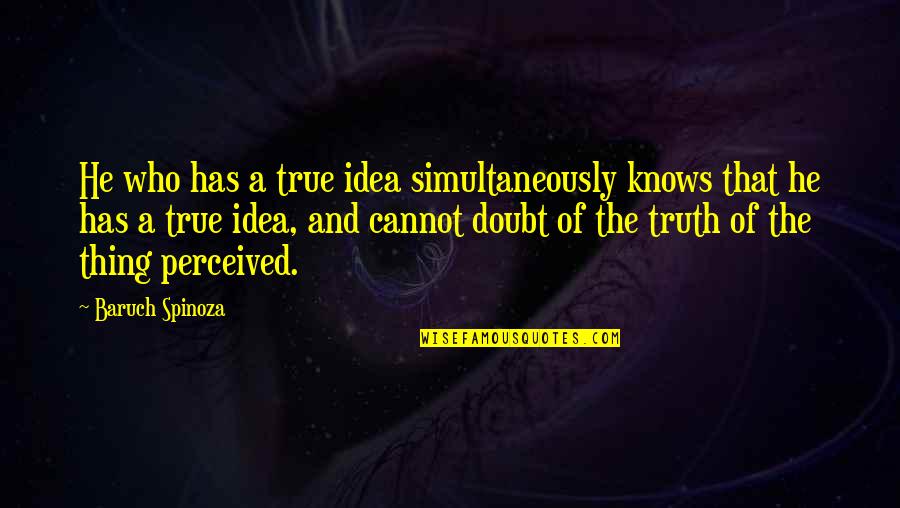 Doubt Truth Quotes By Baruch Spinoza: He who has a true idea simultaneously knows Doubt Truth Quotes By Baruch Spinoza: He who has a true idea simultaneously knows