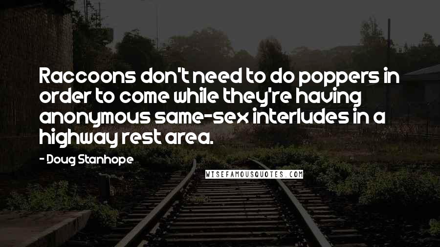 Doug Stanhope quotes: Raccoons don't need to do poppers in order to come while they're having anonymous same-sex interludes in a highway rest area.