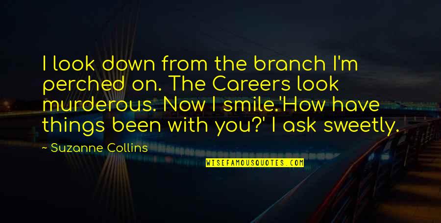 Down Now Quotes By Suzanne Collins: I look down from the branch I'm perched