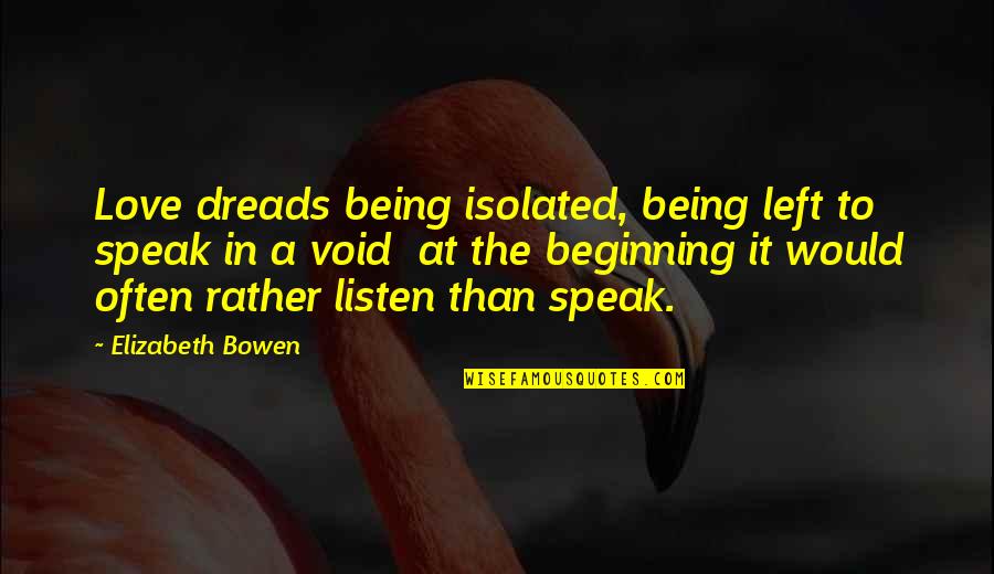 Dreads Love Quotes By Elizabeth Bowen: Love dreads being isolated, being left to speak