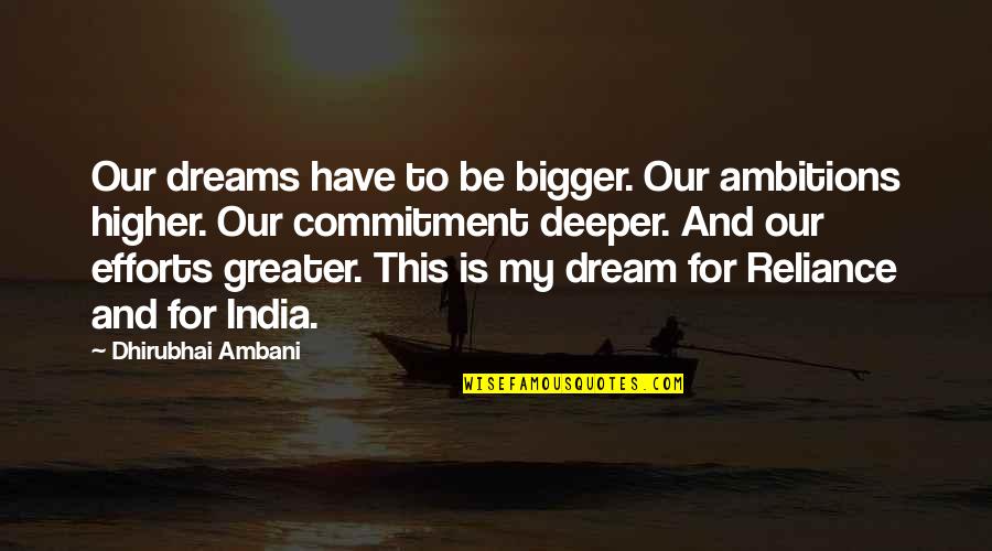 Dream Higher Quotes By Dhirubhai Ambani: Our dreams have to be bigger. Our ambitions