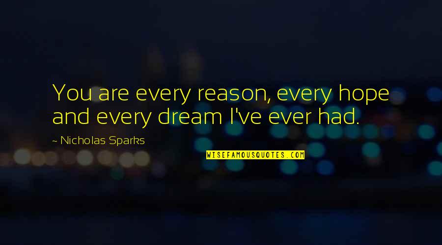 Dream Hope And Love Quotes By Nicholas Sparks: You are every reason, every hope and every