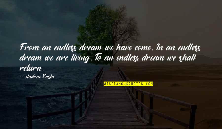 Dream Love Life Quotes By Andrea Kushi: From an endless dream we have come. In