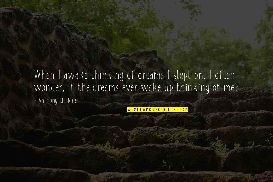 Dreaming Awake Quotes By Anthony Liccione: When I awake thinking of dreams I slept