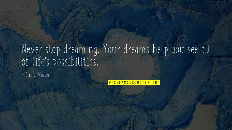 Dreaming's Quotes By Ginna Moran: Never stop dreaming. Your dreams help you see