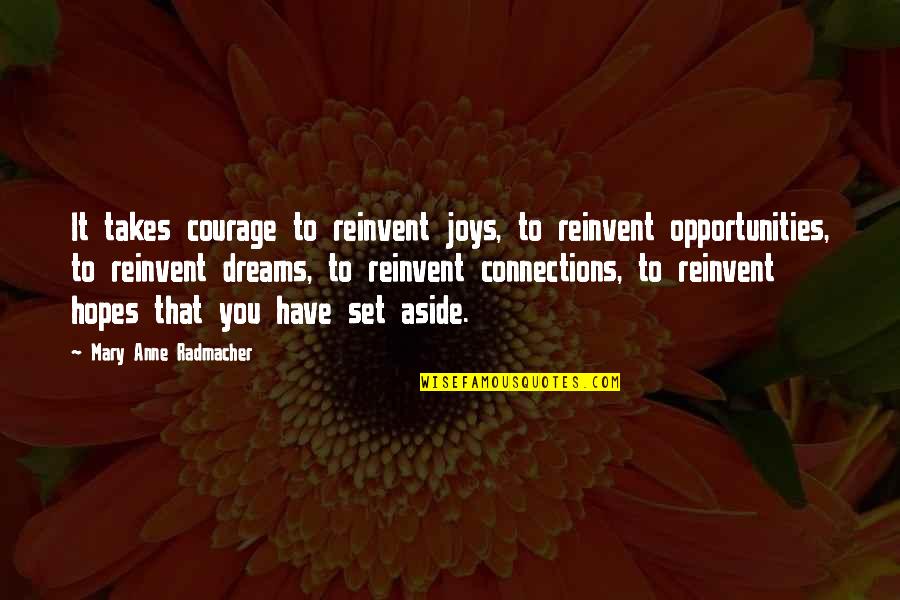 Dreams And Opportunities Quotes By Mary Anne Radmacher: It takes courage to reinvent joys, to reinvent