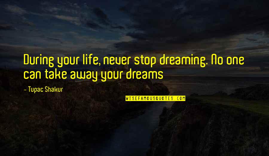 Dreams Away Quotes By Tupac Shakur: During your life, never stop dreaming. No one