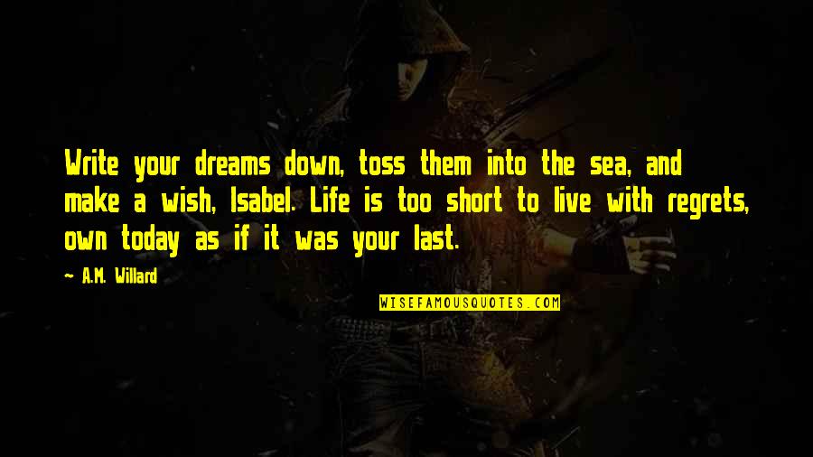 Dreams Regrets Quotes By A.M. Willard: Write your dreams down, toss them into the
