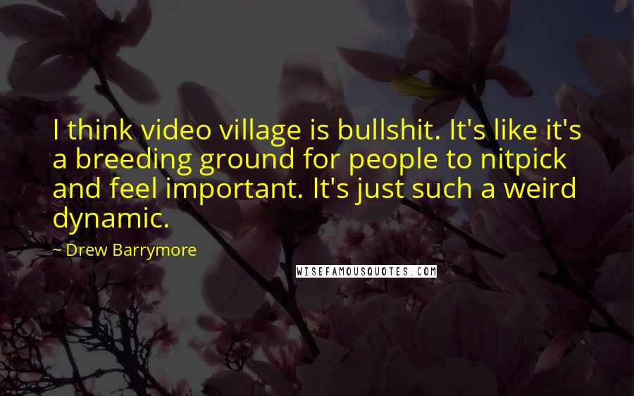 Drew Barrymore quotes: I think video village is bullshit. It's like it's a breeding ground for people to nitpick and feel important. It's just such a weird dynamic.