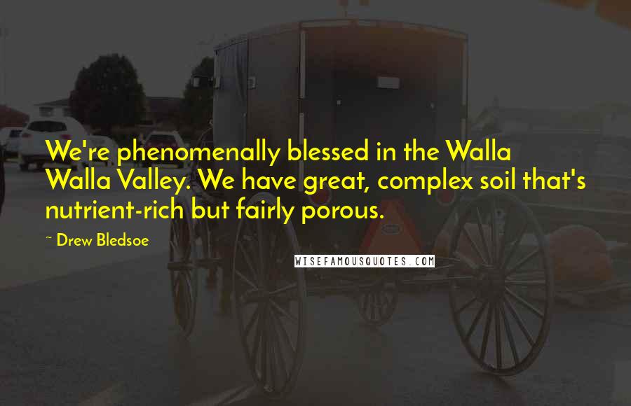 Drew Bledsoe quotes: We're phenomenally blessed in the Walla Walla Valley. We have great, complex soil that's nutrient-rich but fairly porous. Drew Bledsoe quotes: We're phenomenally blessed in the Walla Walla Valley. We have great, complex soil that's nutrient-rich but fairly porous.