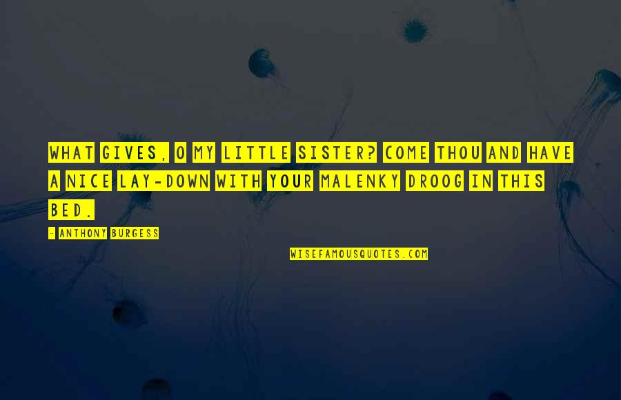 Droog Quotes By Anthony Burgess: What gives, O my little sister? Come thou Droog Quotes By Anthony Burgess: What gives, O my little sister? Come thou