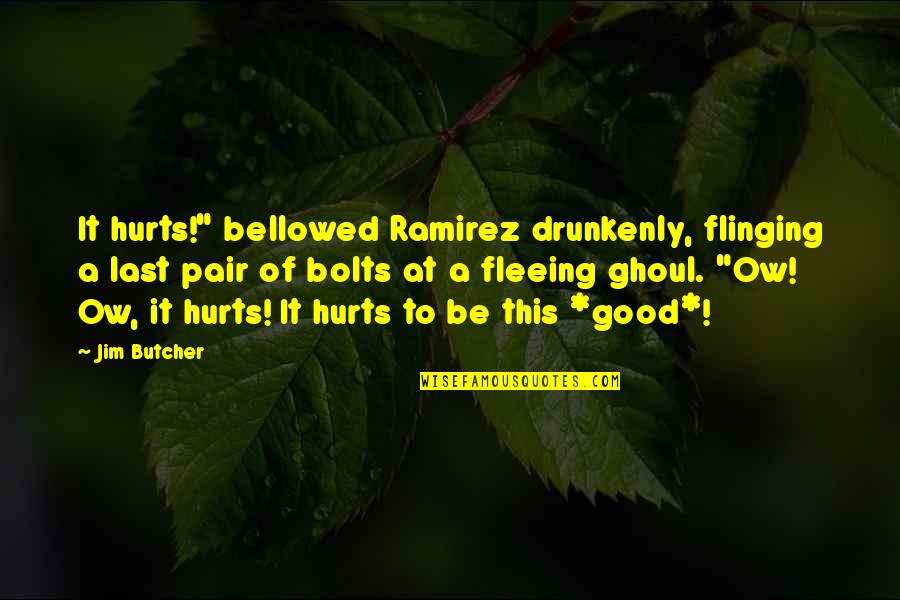 Drunkenly Quotes By Jim Butcher: It hurts!" bellowed Ramirez drunkenly, flinging a last